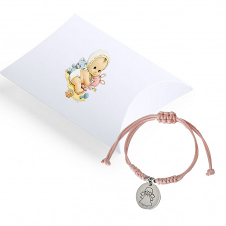 Pulsera con medalla de angelito con cajita blanca y adhesivo de bebé