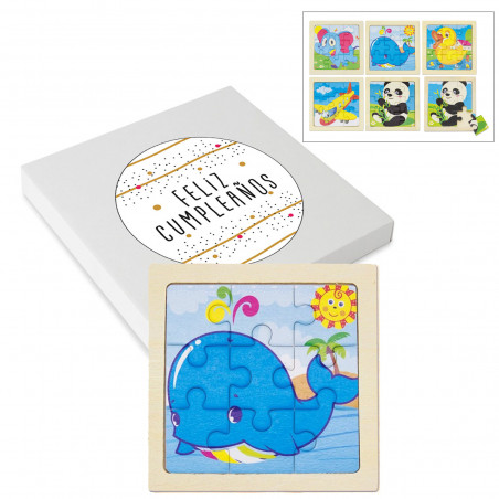 Cinco puzzles infantiles de madera en caja con adhesivo personalizable