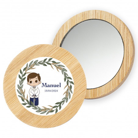 Espejo de madera con adhesivo de comunión personalizado en bolsita de organza