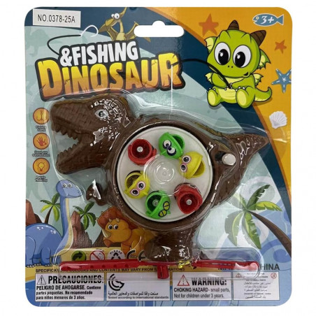 Dinosaurios de juguete y juego de pescar presentados en bolsa de tela con pegatina personalizable en etiqueta de madera