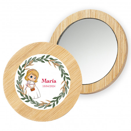 Espejo redondo de madera con adhesivo de comunión niña personalizado y bolsita de tela