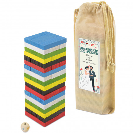 Jenga de colores con bolsa y adhesivo personalizado