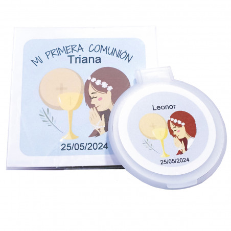 Espejo personalizado para comunión con bolsa transparente y tarjeta personalizada