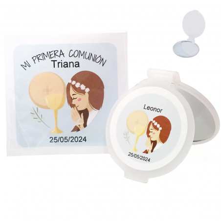 Espejo personalizado para comunión con bolsa transparente y tarjeta personalizada