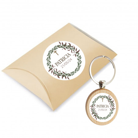 Llavero de madera personalizado con caja para celebración cristiana