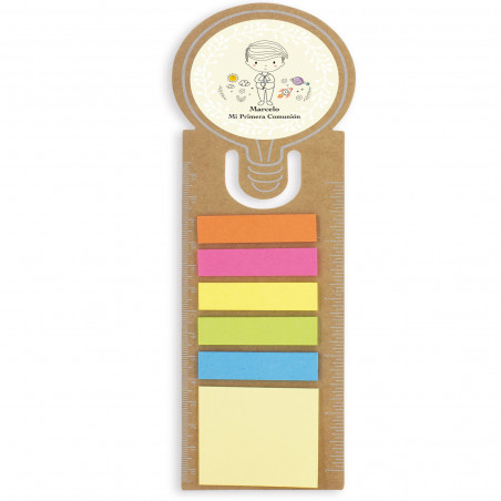 Regla marcapáginas con post it y adhesivo de comunión personalizado para niño
