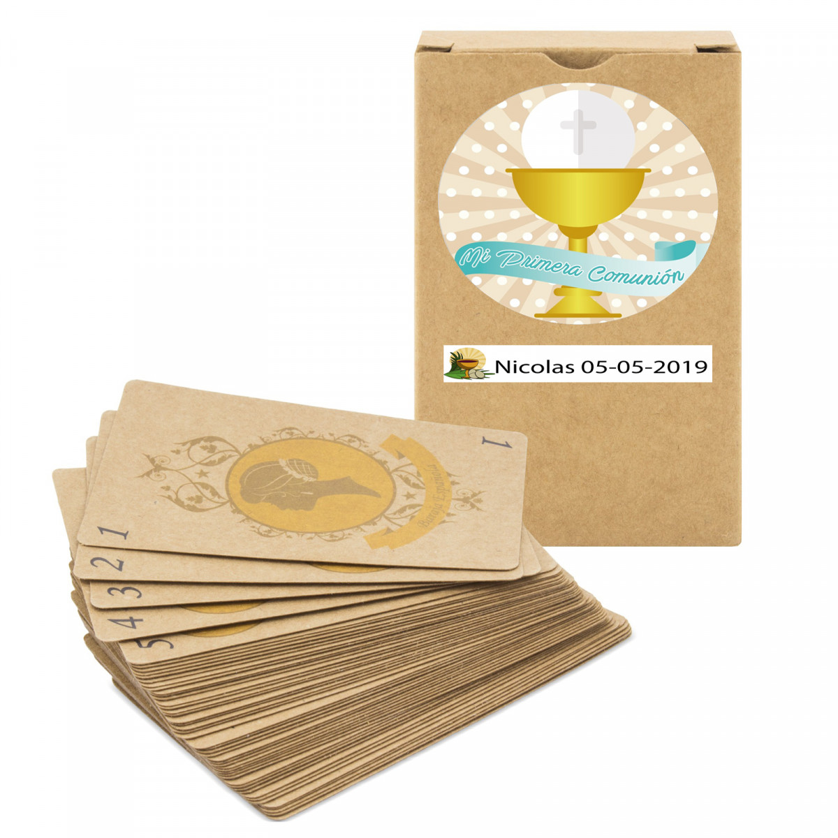 Baraja de cartas española personalizada con adhesivos para comunión