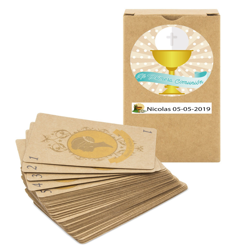 Baraja de cartas española personalizada con adhesivos para comunión