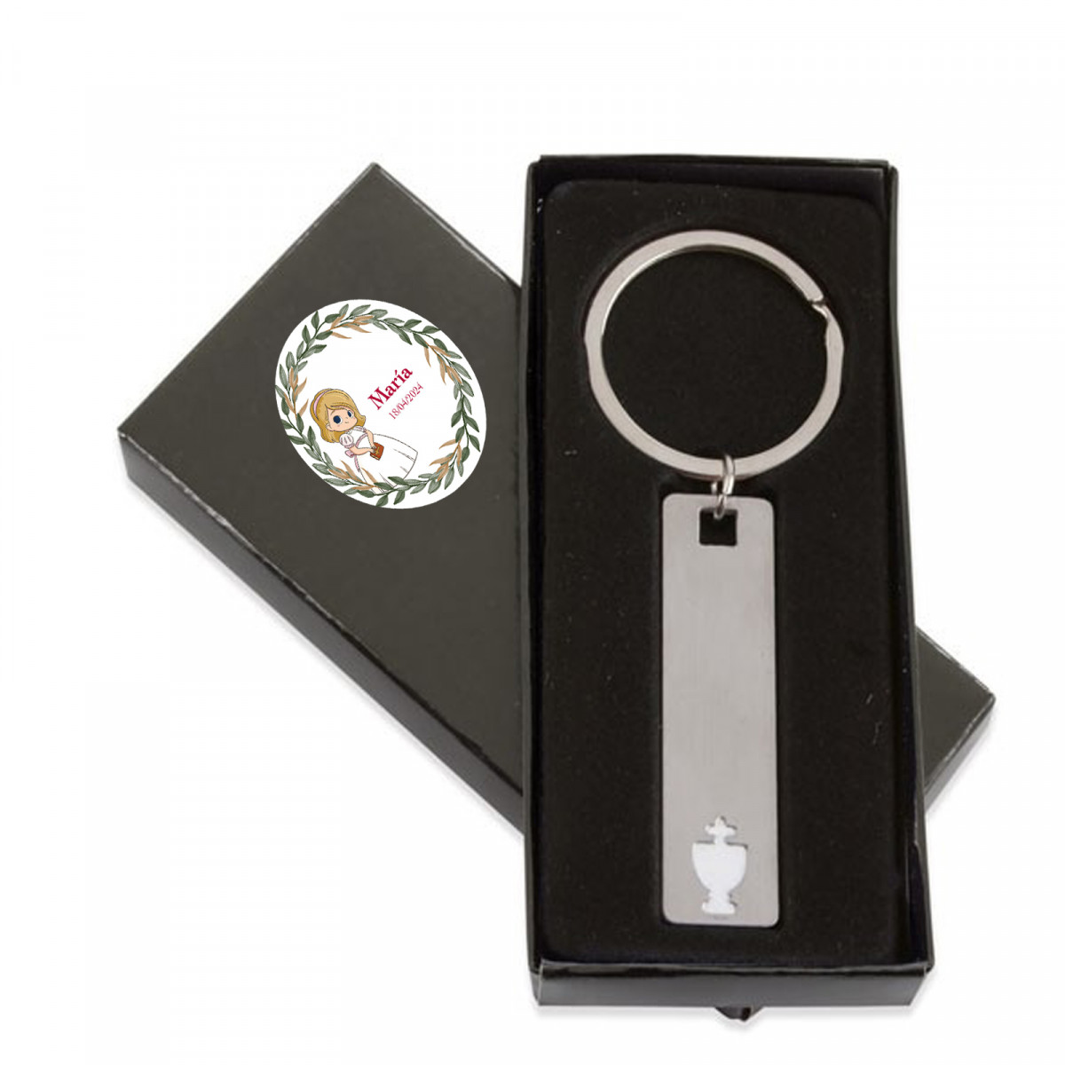 Llavero para comunión con caja y adhesivo personalizado de niña
