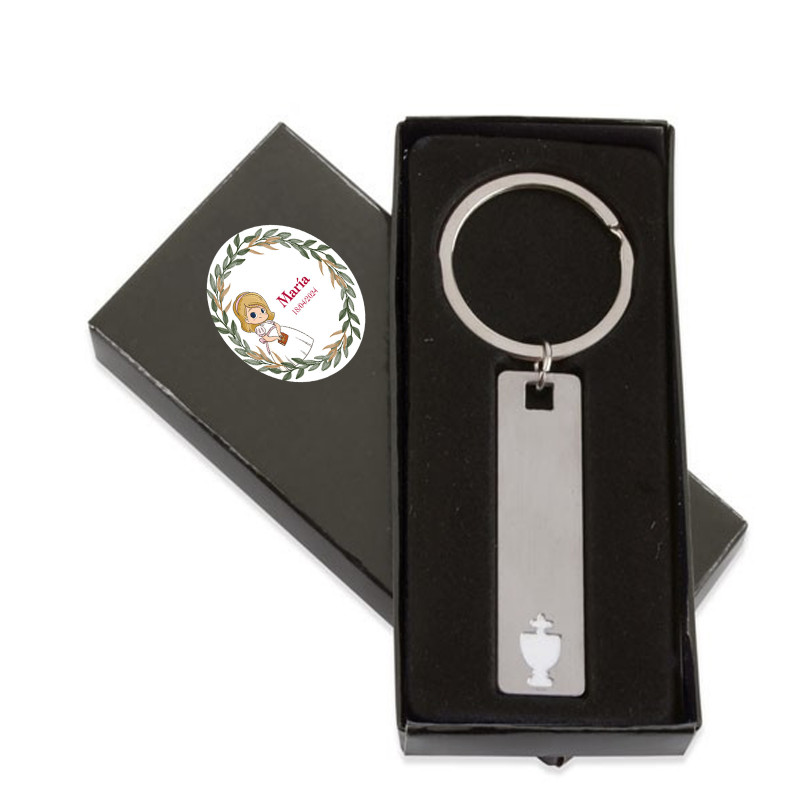 Llavero para comunión con caja y adhesivo personalizado de niña