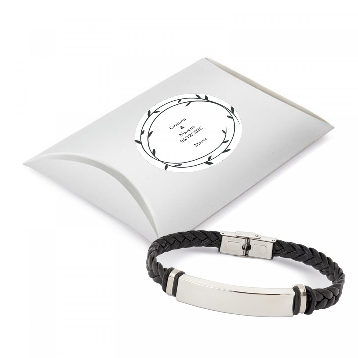 Pulsera trenzada con placa plateada con cajita personalizada con adhesivo