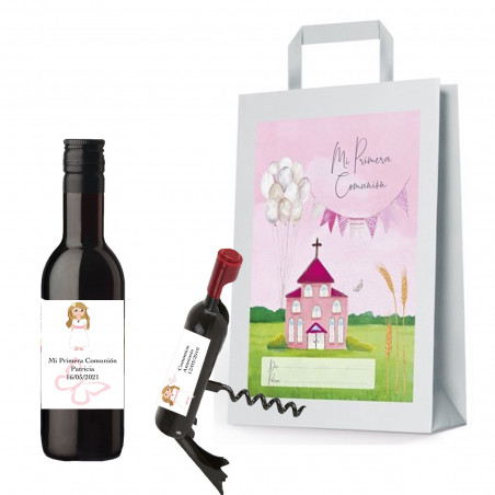 Botella de vino comunión con sacacorchos personalizados con adhesivos de niña y bolsa de regalo