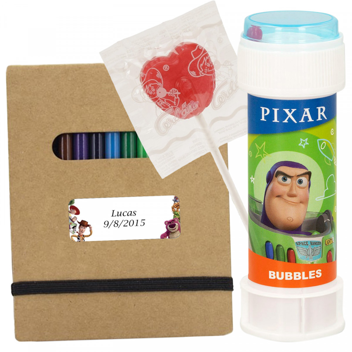 Toy Story, Detalles para Cumples y Eventos Libreta Personalizada con lápices, pompero y piruleta