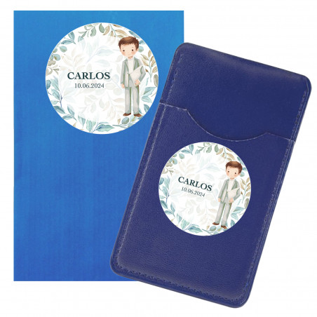 Tarjetero billetero azul presentado en sobre y personalizado con adhesivos de comunión de niño