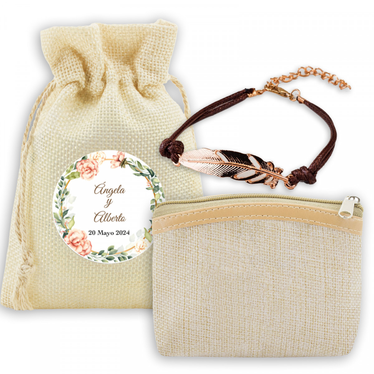 Monedero y pulsera presentado en bolsa de tela con adhesivo personalizado