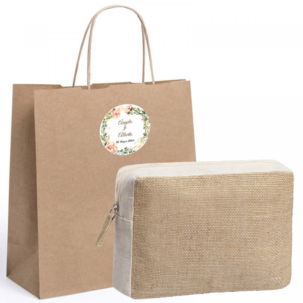 Neceser de yute en bolsa de kraft con adhesivo personalizado