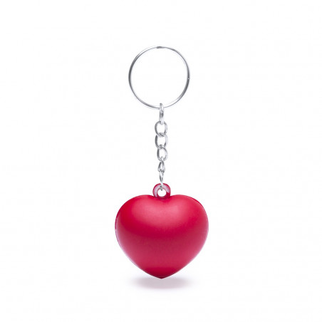 Llavero de corazón y peladillas en bolsa roja con adhesivo personalizado