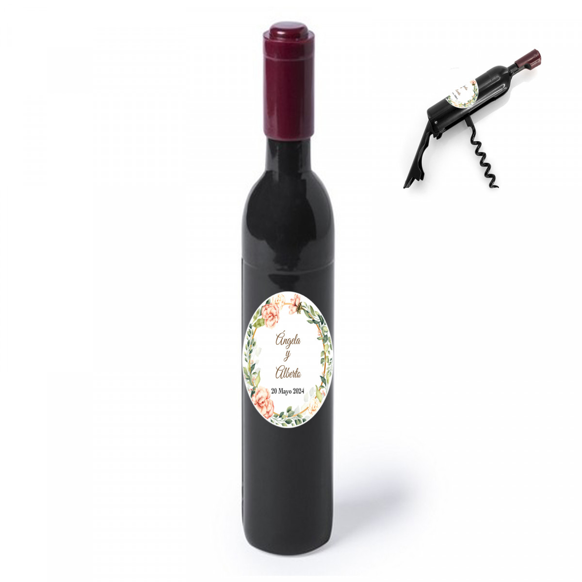 Sacacorchos en forma de botella con adhesivo floral personalizado