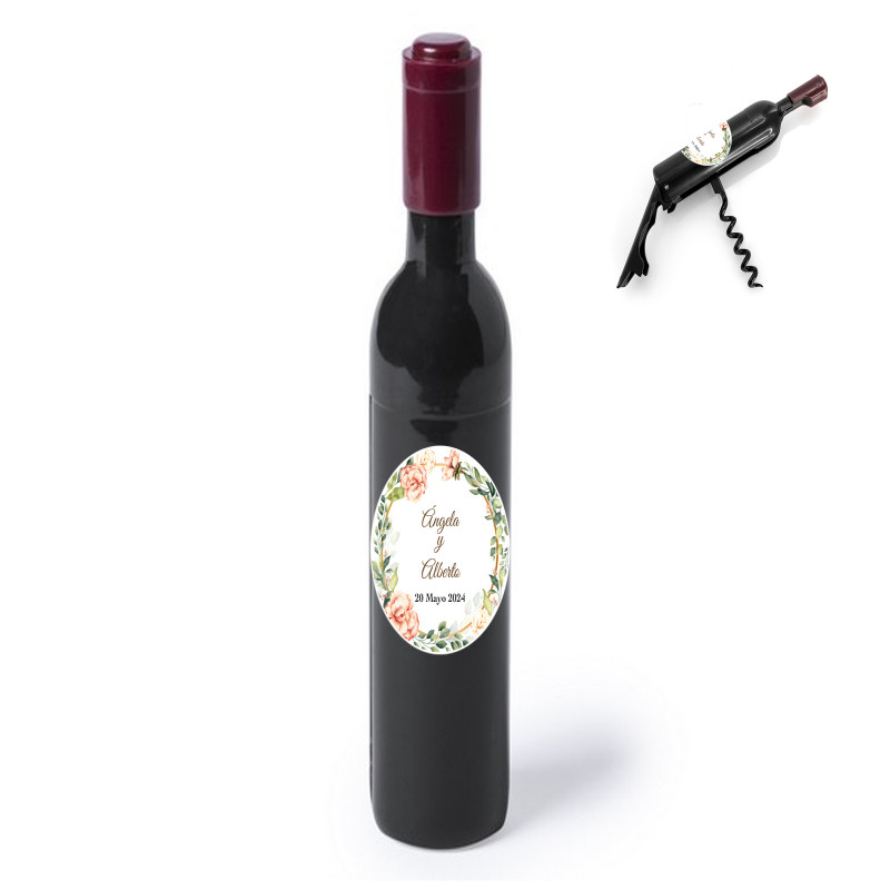 Sacacorchos en forma de botella con adhesivo floral personalizado