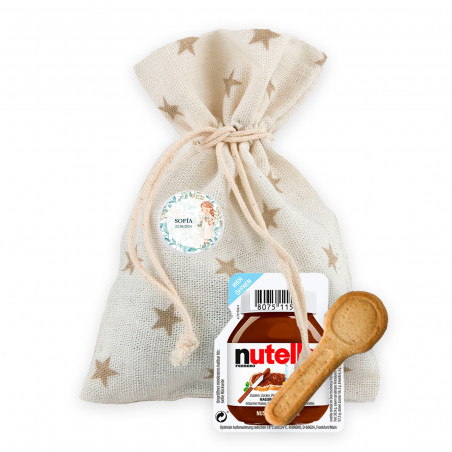 Nutella con cuchara de galleta en bolsita de tela y chapa personalizada para detalles comunión niña