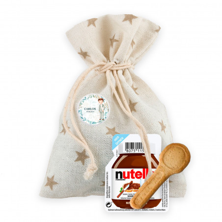 Nutella con cuchara de galleta en bolsita de tela con chapa personalizada para detalles mi primera comunión niño