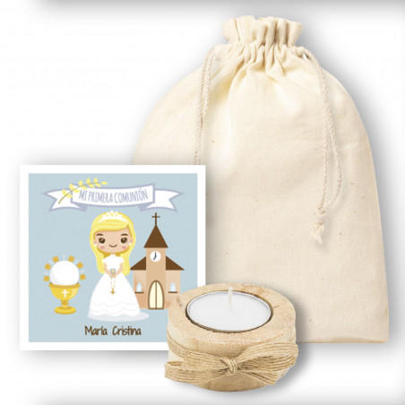 Vela decorativa con tarjeta de comunión personalizada en bolsa para regalo