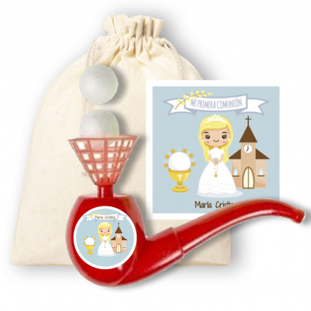 Juguete de soplar personalizado con bolsa de tela con tarjeta de comunión niña