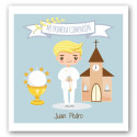 Juguete divertido con adhesivo en bolsa con tarjeta de comunión personalizada para niño