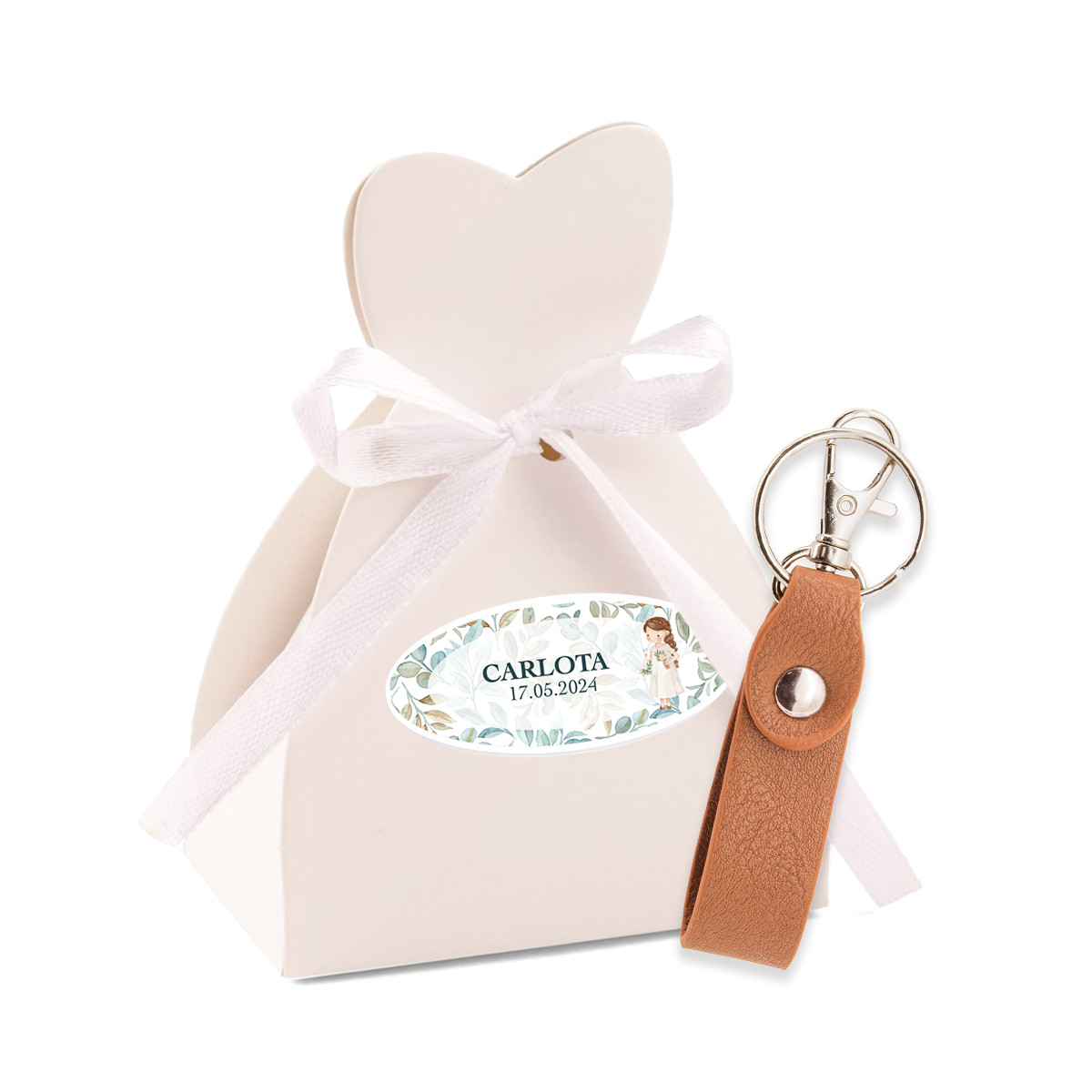 Llavero en caja con adhesivo personalizado para detalles comunión niña