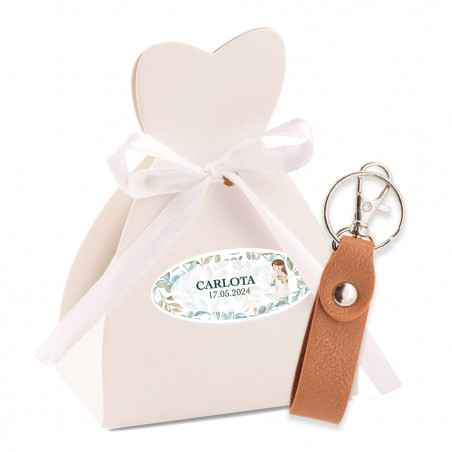 Llavero en caja con adhesivo personalizado para detalles comunión niña