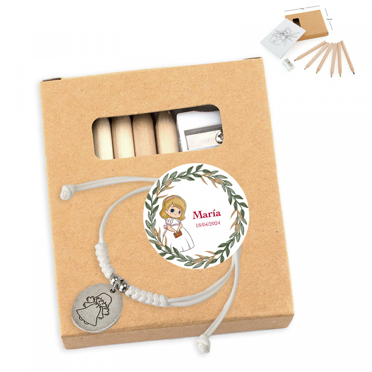 Caja de lápices de colores personalizada y pulsera comunión niña
