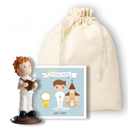 Figura niño comunión en bolsa de regalo con tarjeta personalizable