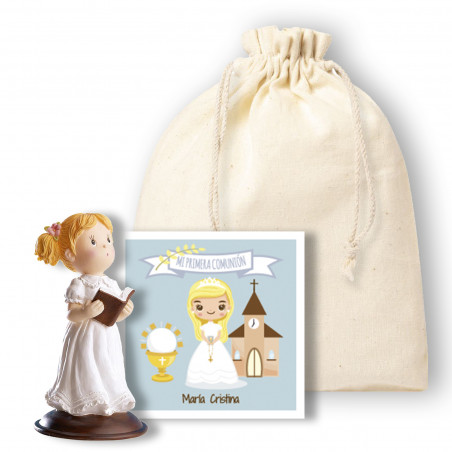 Figura de comunión niña en bolsa de tela con tarjeta personalizable