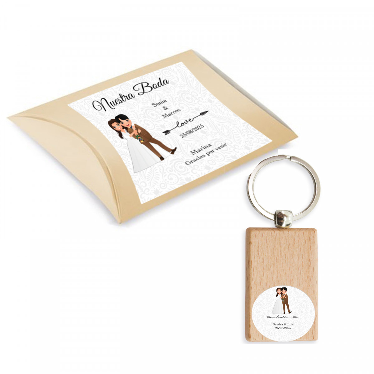Llavero de madera personalizado con adhesivo y caja para boda