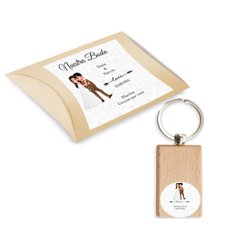 Llavero de madera personalizado con adhesivo y caja para boda