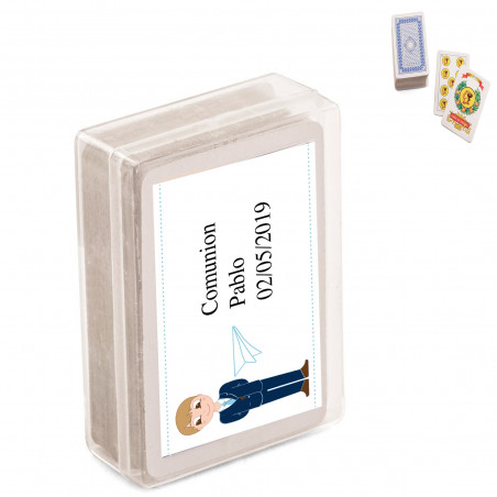 Baraja de cartas española tamaño mini personalizada con adhesivo de comunión de niño