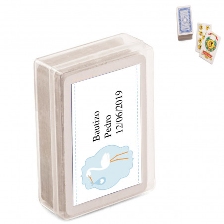 Baraja de cartas española mini con adhesivo de bautizo de niño