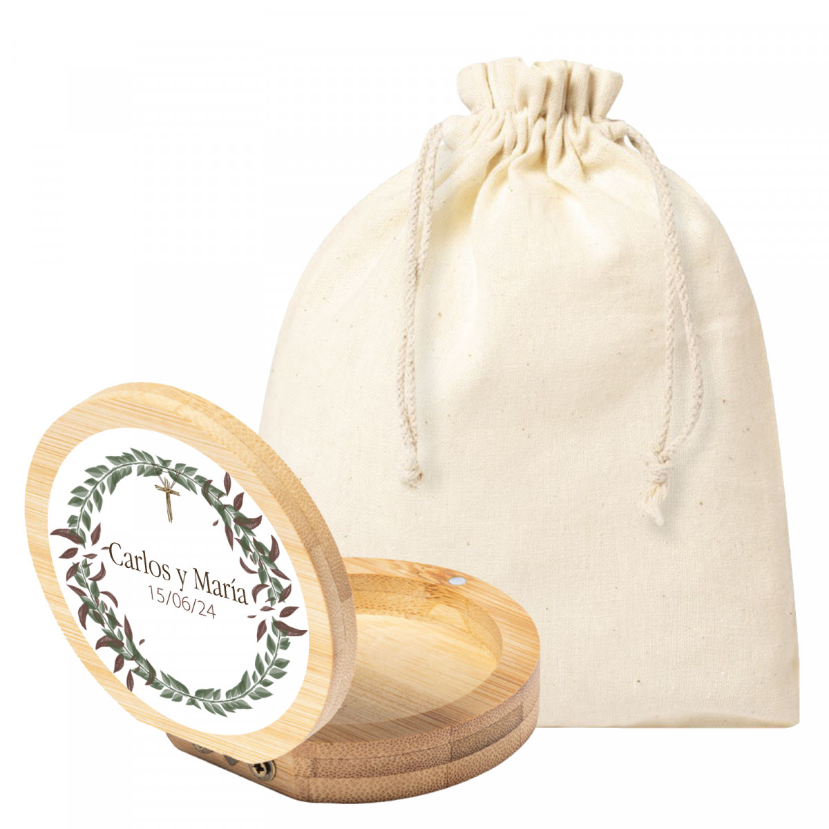 Espejito con adhesivo personalizable en bolsita de tela