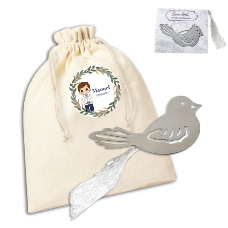 Marcapáginas en forma de pájaro en bolsa de algodón con adhesivo personalizado para comunión