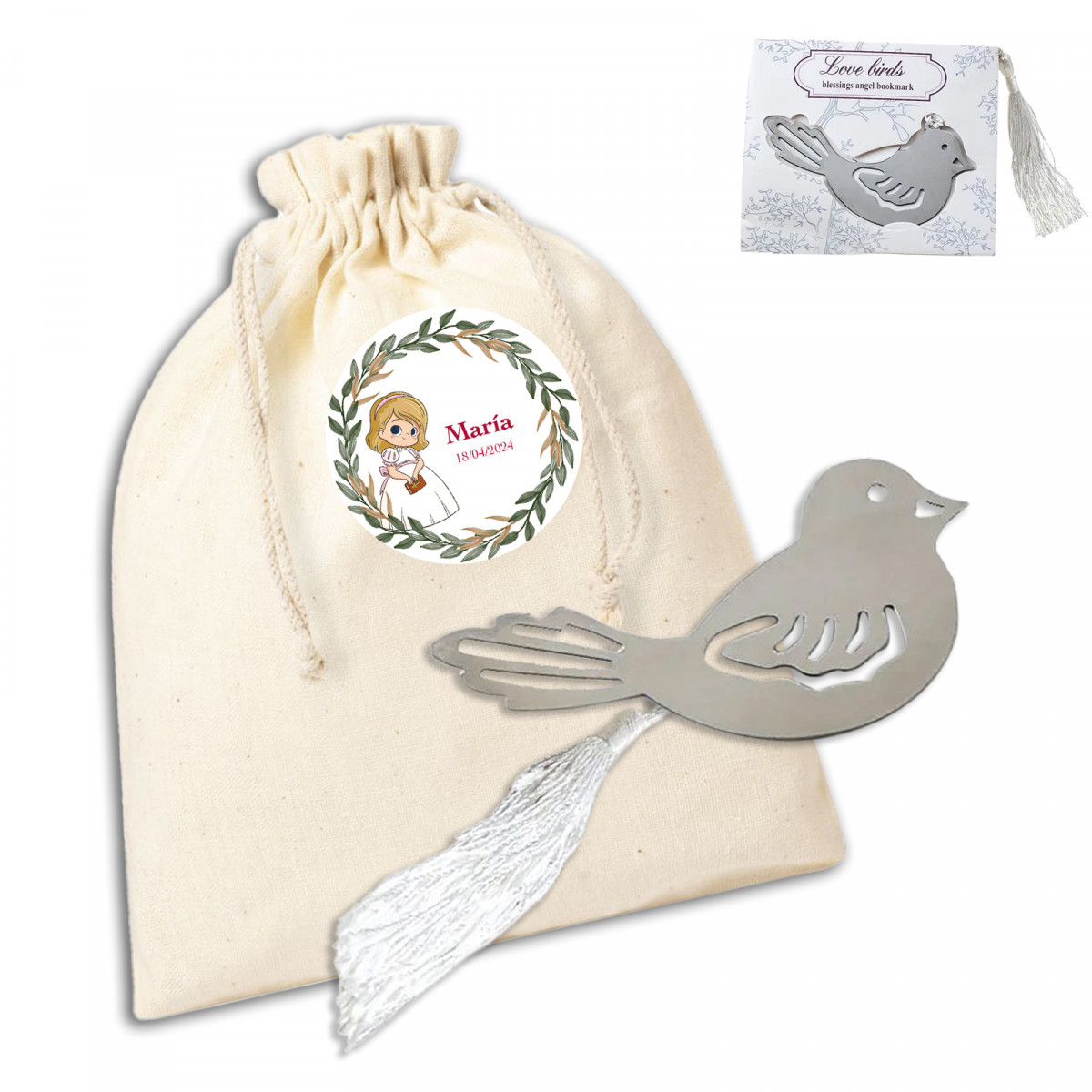 Punto de página en forma de ave presentado en bolsa blanca personalizada para comunión