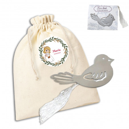 Punto de página en forma de ave presentado en bolsa blanca personalizada para comunión