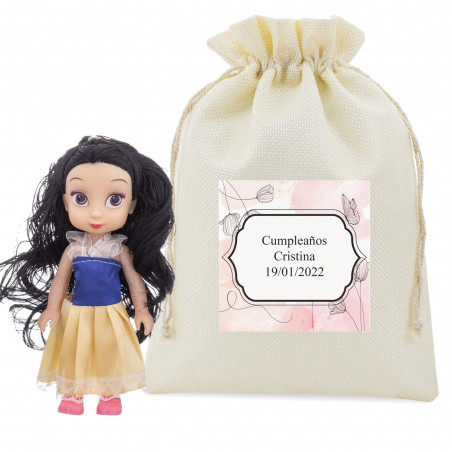 Muñeca de princesa en bolsa de tela con adhesivo personalizado
