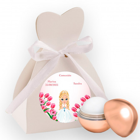 Cacao esfera en caja con adhesivo personalizado para detalles comunión niña
