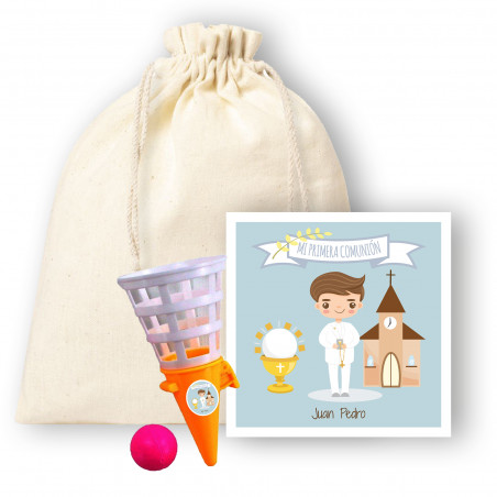 Juguete de bola con tarjeta de comunión de niño personalizable en bolsa