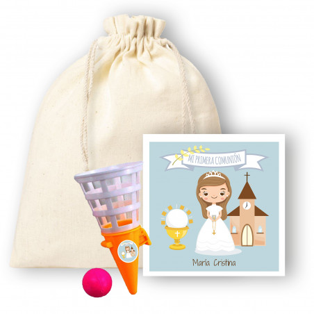 Juguete de bola con tarjeta de comunión personalizable en bolsita de tela niña