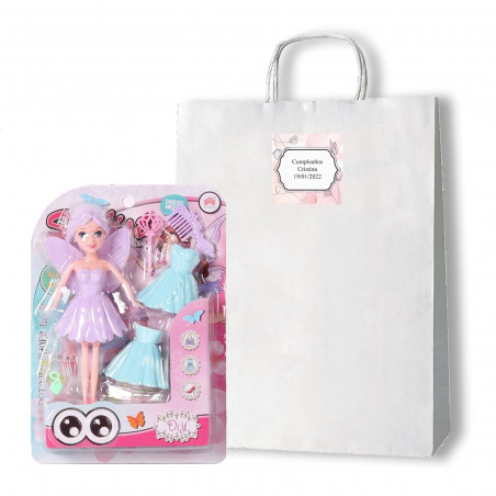 Muñeca hada para regalo en bolsa de tela con adhesivo personalizable