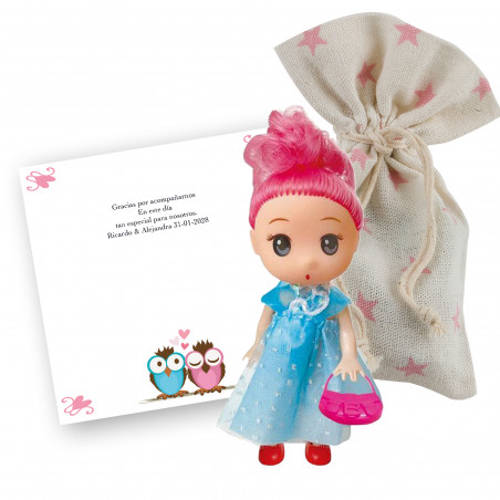 Muñeca sorpresa en bolsita de tela con tarjeta personalizable