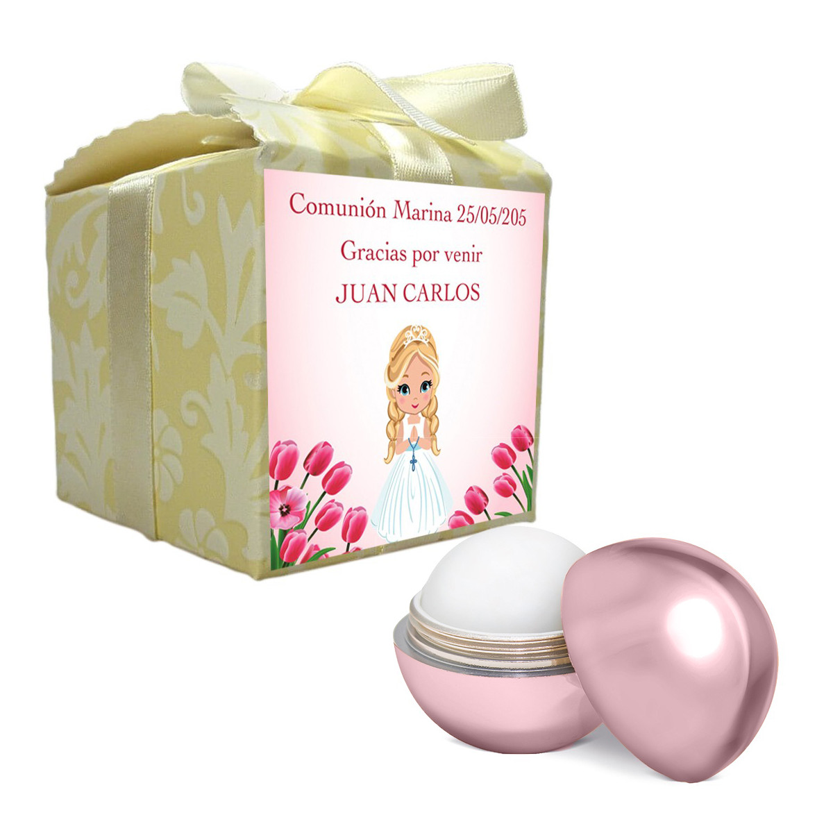 Bálsamo labial rosa presentado en caja con adhesivo comunión personalizado con nombre de invitada