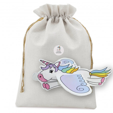 Avión de cartón en forma unicornio en bolsa de tela con adhesivo personalizado