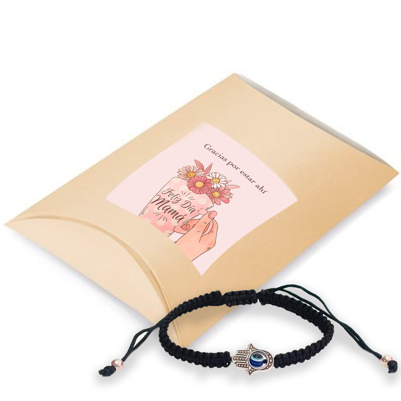 Pulsera mano de fátima en cajita con adhesivo personalizado para detalles día de la madre
